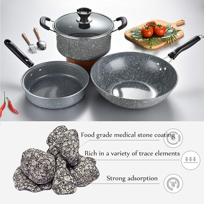 Cooking Pot Non Stick Cookware SetsMaifan Stone Cooking Pots and PansFrying Pan and Saucepan Set Suitable for All StovesIncluding Induction3Pcs