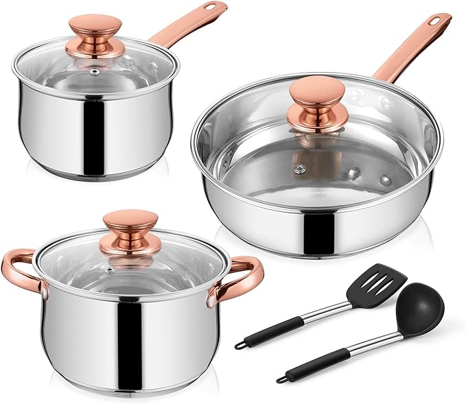 Walchoice 8-Piece Stainless Steel Cookware Set Kitchen Pots and Pans Set with Glass Lid for Cooking Kitchen Cookware Set with Utensils Induction &amp Dishwasher Safe Copper