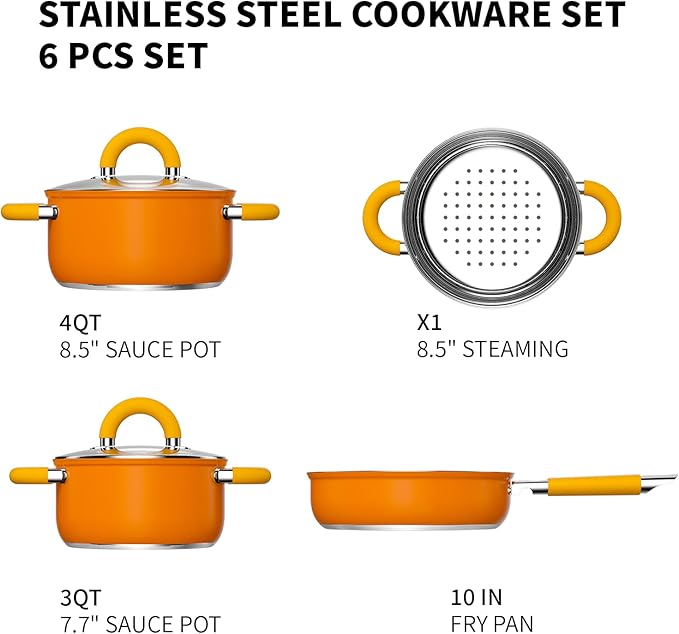 Pots and Pans Set Stainless Steel Orange Cookware Set of 6 4 3 QT Steamer Pot Frying Pan Compatible with All Stovetops Gift for Kitchen Decor