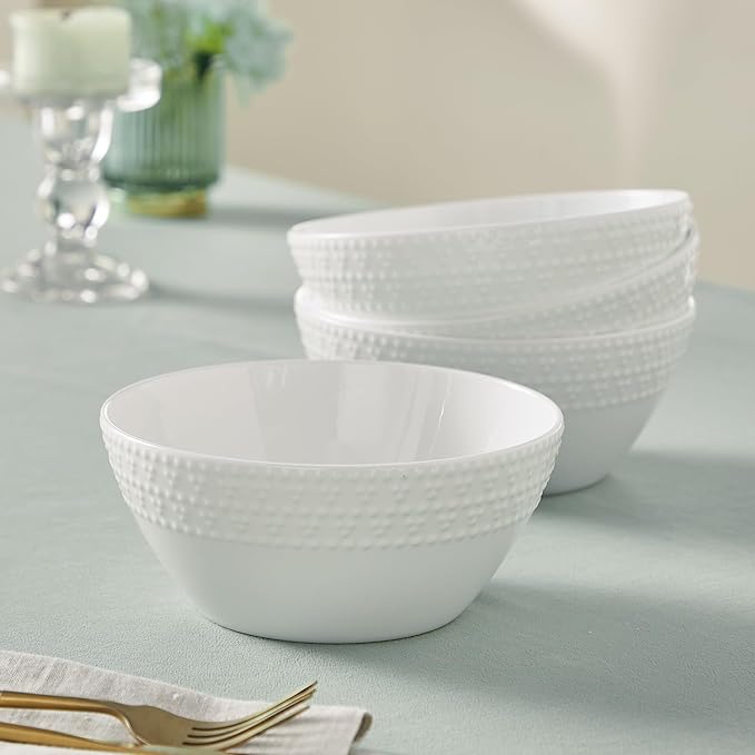 16Piece Bone China Dinnerware Set with Elegant Dotted Relief Design Embossed Plates Bowls mugs Chip-Resistant Lightweight Elegant and Durable Service for 4 White
