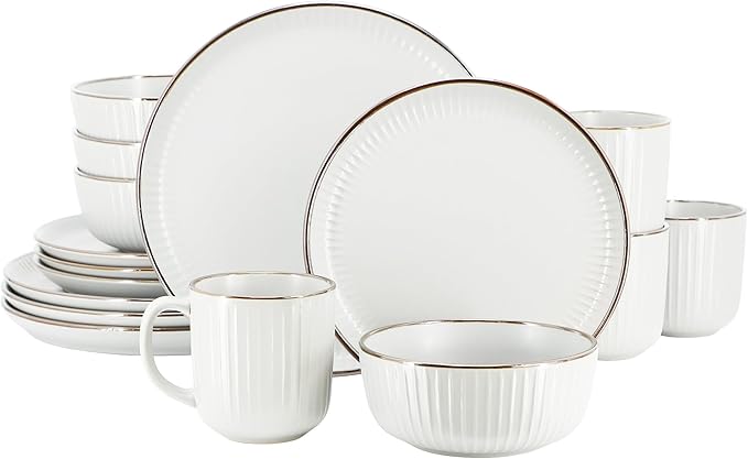 16 Piece White Stoneware Dinnerware Set – Microwave &amp Dishwasher Safe Plates Bowls and Mugs for 4 (White)