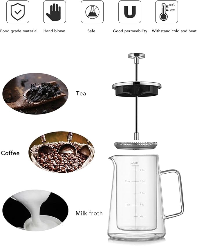 French Press Coffee Maker 650ML High Borosilicate Glass Coffee Plunger Pot with V Shape Spout and Temperature Proof Design for Home Studio Tea Room