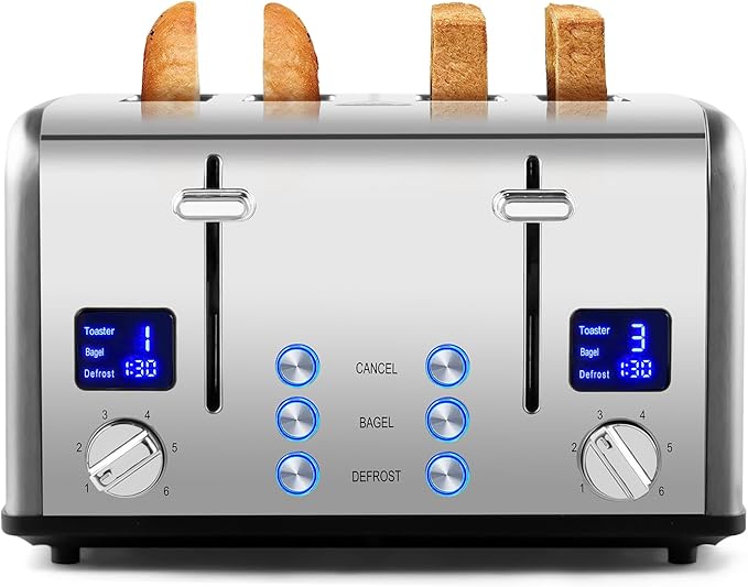 Stainless Steel Toaster CUSIMAX 4 Slice Toaster with Smart LED Display Exart Wide Slots 6 Shade Settings 1650 Watts Bagel and Defrost Fuction Cancel Button Removable Crumb Trays