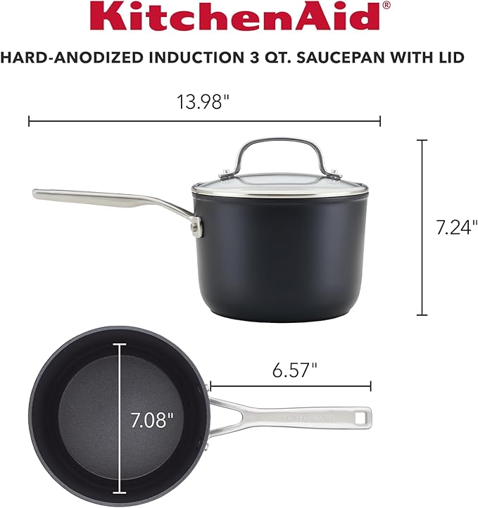 KitchenAid Hard Anodized Induction Nonstick Sauce Pan/Saucepan with Lid 3 Quart - Matte Black
