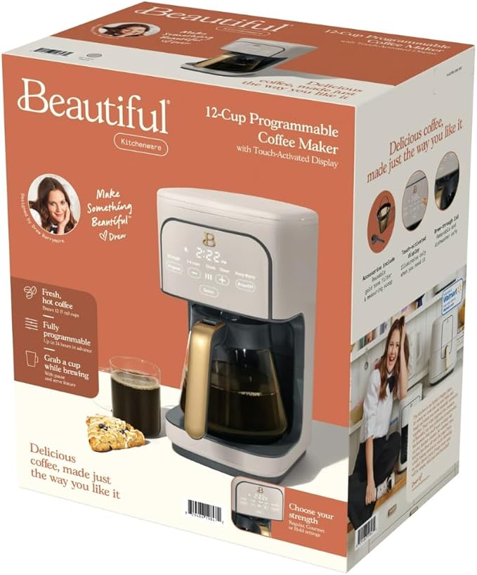 12 Cup Programmable Coffee Maker 24 Hour Auto Brew Touch Display Bold Strength Control Glass Carafe Reusable Filter Auto Shut Off (Porcini Taupe)