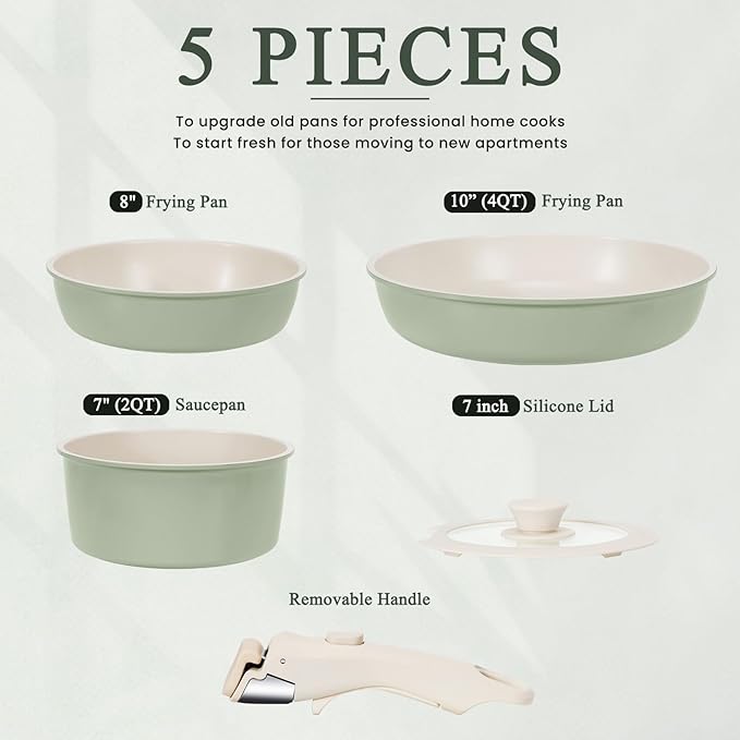 KIKCOIN Pots and Pans Set Nonstick Ceramic Cookware Set Detachable Handle Induction Kitchen Cookware Set with Removable Handle Healthy Non Stick RV Cookware Dishwasher ＆ Oven Safe PFOA Free