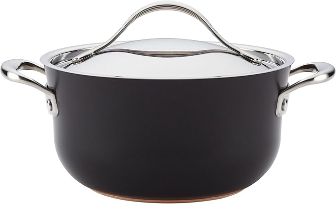 Anolon 83878 Nouvelle Copper Luxe Hard Anodized Nonstick Dutch Oven/Stockpot/Saucepan with Stainless Steel Lid/Induction Suitable/Dishwasher Safe - 4 Quart Onyx Black