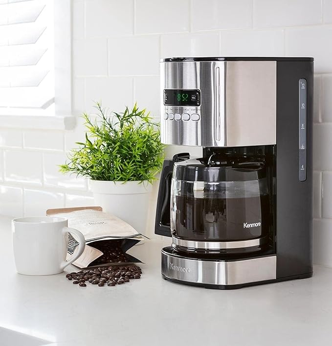 Kenmore Drip Coffee Maker - 12 Cup Programmable Cafe Machine With Glass Pot Regular &amp Bold Brew Auto Shut Off Large Water Reservoir Reusable Filter Kitchen Appliances Black