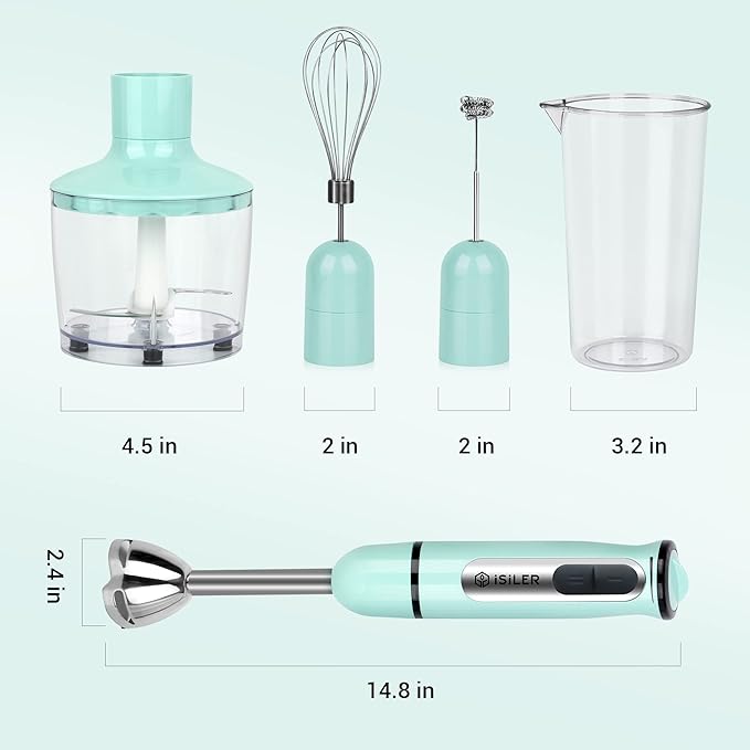 Immersion Hand Blender ISILER 5-in-1 500-Watt Multi-Purpose Stick Blender with 860ml Food Chopper 600ml Container Milk Frother Egg Whisk 8-Speed for Puree Infant Food Smoothies Soups