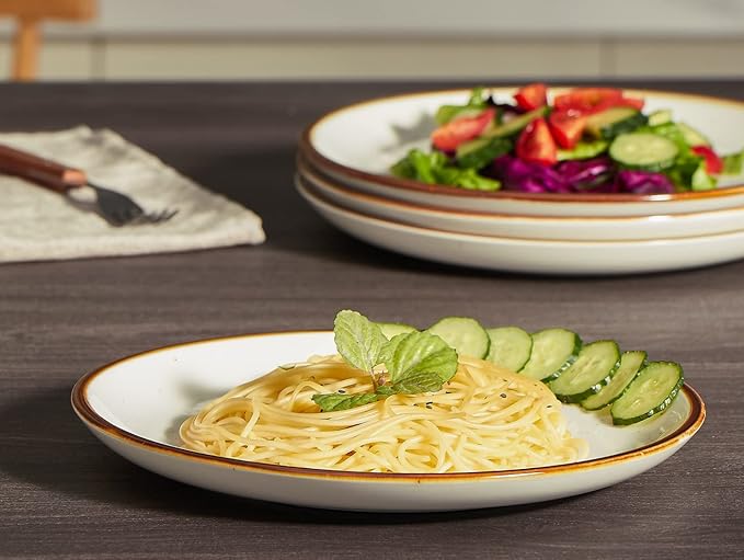 ONEMORE Ceramic Dinner Plate Large Dessert Salad PlatesDinnerware Sets 12pcsScratch Resistant Microwave &amp Dishwasher SafeCream White
