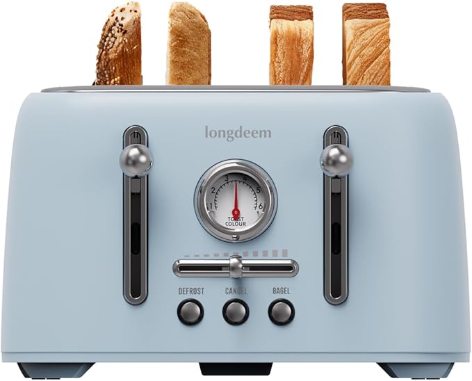 LONGDEEM 4-Slice Retro Toaster 1.6 Extra-Wide Slots 6 Browning Levels Bagel/Defrost/Cancel Stainless Steel Compact Blue