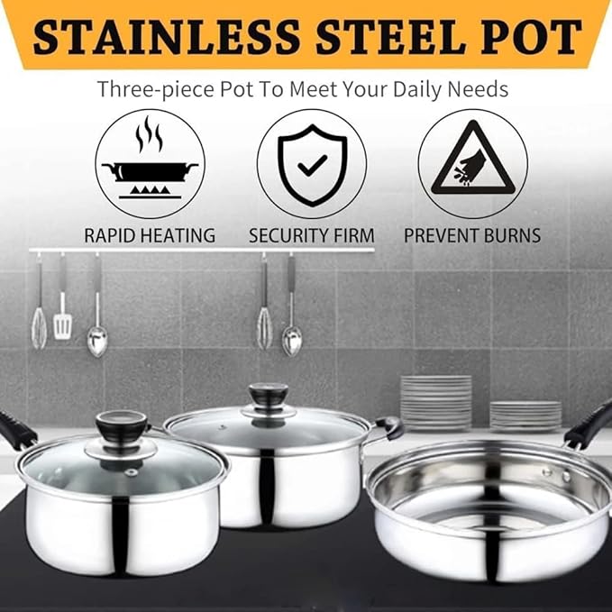 Kitchen Cooking Sets 3pcs Stainless Steel Cookware Set Soup Pot Milk Pan with Glass Lid Frying Pan Kitchen Cooking Tool Kitchen Cookware Sets