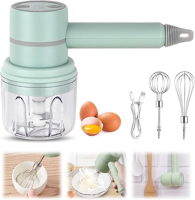 SOYON 3-in-1 Fully Automatic Mixergarlic Chopper MiniCordless Handheld Mixer With Egg Beater And Cream StickFor Kitchen Baking And Cooking(Green 250ML)