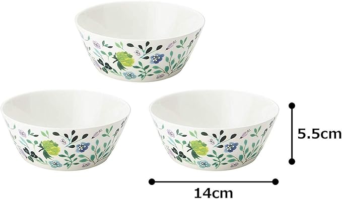 Narumi 51854-23166P Anna Emilia Dinnerware Set Diameter 5.5 inches (14 cm) Green Floral Pattern Cute Set of 3 Microwave Warming Dishwasher Safe Gift Box Included