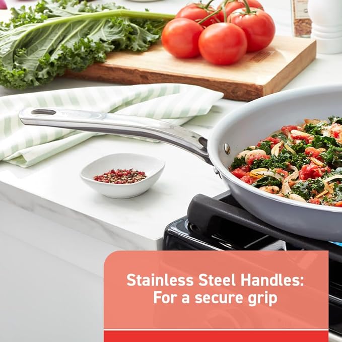 T-fal Fresh Gourmet Recycled Ceramic Non Stick Cookware Set 12 Piece Oven Broiler Safe 500F Lid Safe 350F Kitchen Cooking Set W/Fry Pans Saucepans Dutch Oven Utensils Pots and Pans Set Grey
