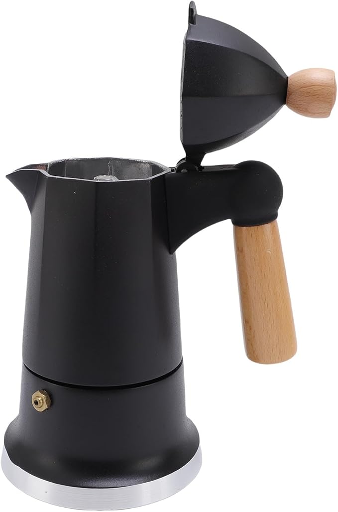FILFEEL Elegant 3-Cup Stovetop Coffee Maker with Wooden Handle Aluminum Percolator Pot for Home (Black)