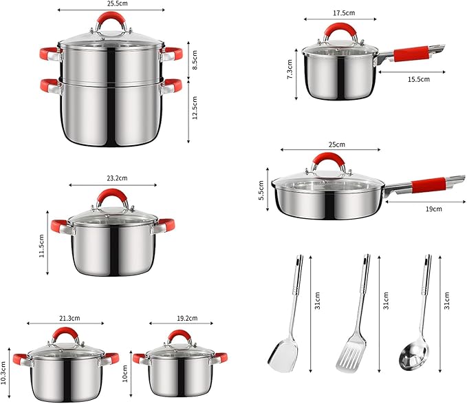 Kitchenware Pots &amp Pans Set Includes Milk Pot Frying Pan Stockpot Steamer And Spatula Set 16 Piece Stainless Steel Kitchen Cookware Cooking Set with Silicone-wrapped Handles for All Cooktops
