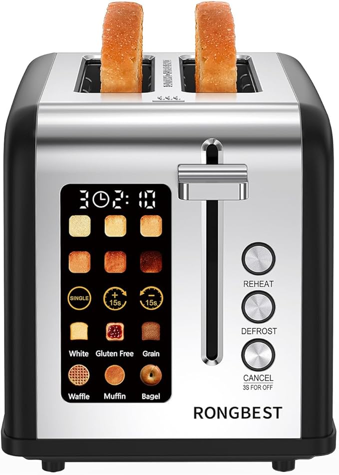 2 Slice Easy Touch Screen Toaster Stainless Steel Toaster with Wide Slots Even Toasting for Bagels &amp Bread Reheat &amp Defrost Removable Crumb Tray Matt Black