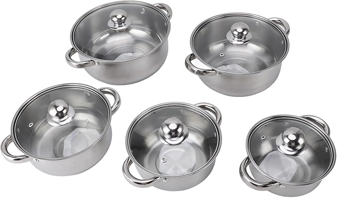 5 Piece Stainless Steel Cookware Set Elegant Kitchen Pots with Glass Lids Multipurpose Stockpots and Saucepans Heat Handles Dishwasher Safe Ideal for Cooking and G