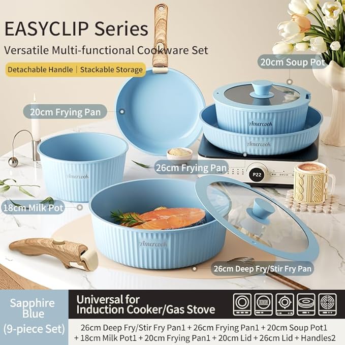 Amercook detachable nesting cookware non-stick versatile pot set kitchen-specific cookware set for home use gem blue nine-piece set