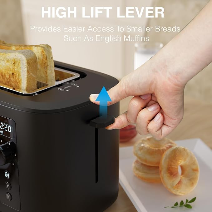 Toaster 4 Slice Long Extra Wide Slot 1.5 with Countdown Timer 6 Browning Settings Built-in Warming Rack Bagel/Cancel/Defrost Functions Removable Crumb Tray-Matteblack