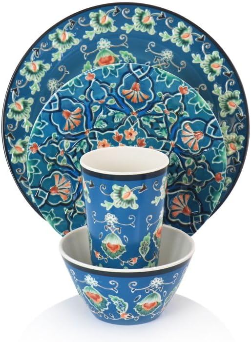16-Piece Melamine Dinnerware Set – Lightweight Blue Floral Dishes for 4 – Durable Outdoor &amp Indoor Plates and Bowls – Hand-Painted Look Dishwasher Safe (Blue)