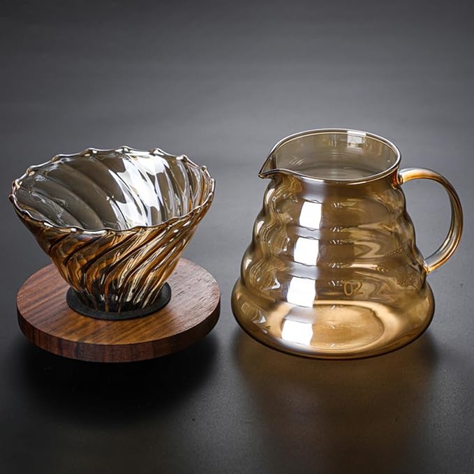 Pour Over Coffee Maker Set 500ML Glass Carafe Coffee Server with Dripper Set V60 Glass Coffee Filter with Wood Base for Home Office Gift 1-4 Cups