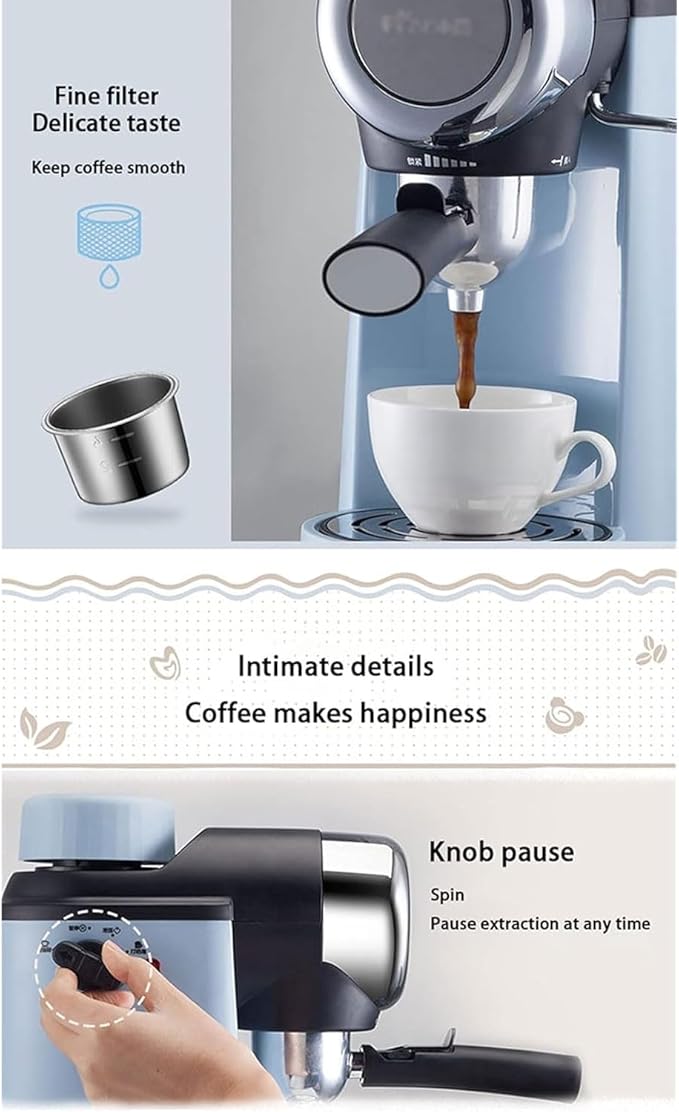 Espresso Coffee Maker 240ml Small Automatic Hand Grinding Coffee Machine with Steam Milk Frother Cappuccino Latte Machine with Latte Art Cup Coffee Pot for Home Office (Off White