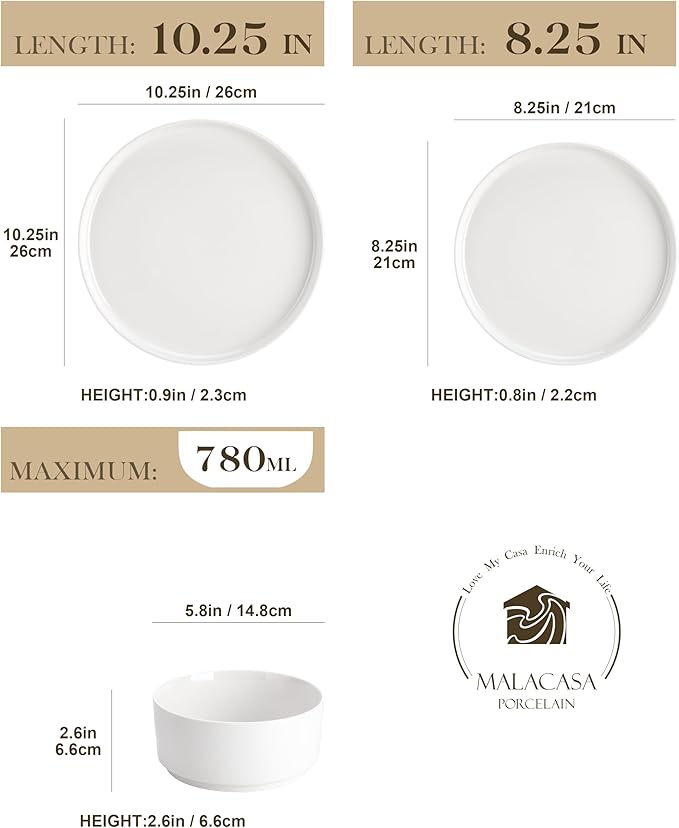 MALACASA 18 Pieces Porcelain Dinnerware Set Bundles 8.85 Large Pasta Bowls Set of 6
