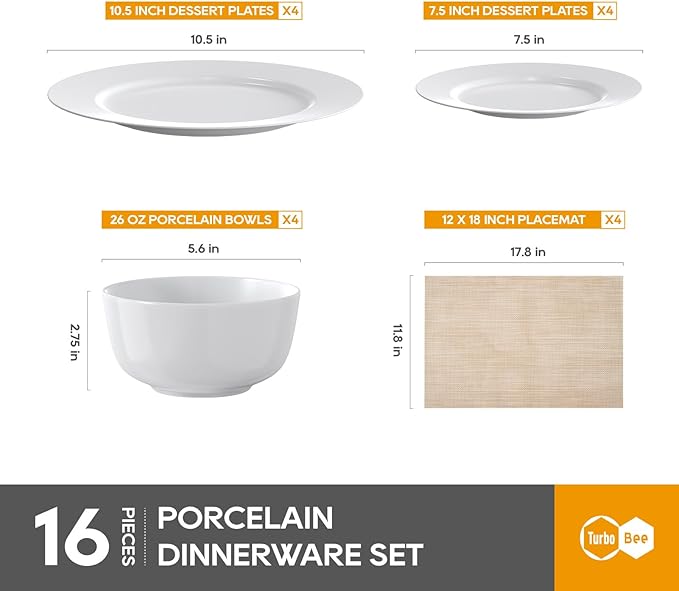 16 Pieces Plates and Bowls Sets White Porcelain Dinnerware Sets Ceramic Dishes Set Service for 4 White Kitchen Dinner Dining Ware Set