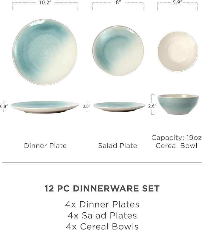 Famiware Glacier Plates and Bowls Sets 16 Pieces Stoneware Dinnerware Sets 13 oz Mug Set of 4 Aqua