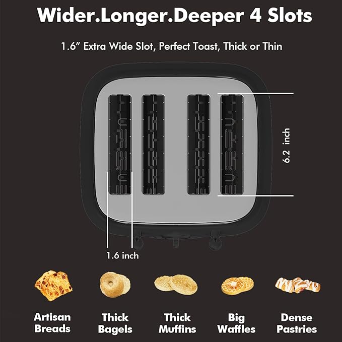 LONGDEEM Retro 4 Slice Countertop Toaster 1.5” Extra Wide Slots for Artisan Bread/Bagels 6 Browning Settings Defrost/Cancel High Lift Lever Crumb Tray Stainless Steel Home/Office/Dorm/RV Black
