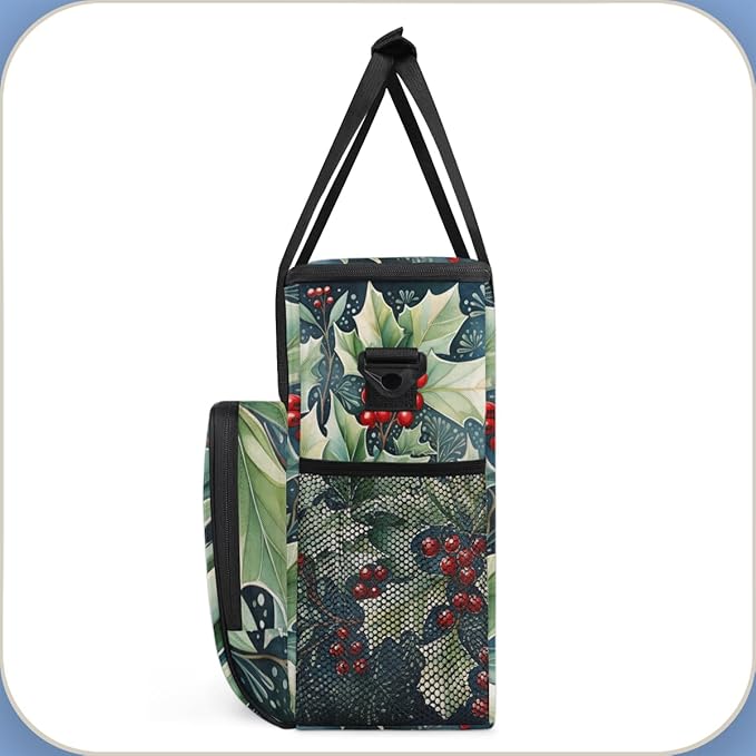 Holly Leaves Coffee Maker Carrying Bag Christmas Holly Travel Storage Bag Compatible with K-Mini or K-Mini Plus Single Serve Coffee Brewer Carrying Case with Multiple Pockets &amp Shoulder Strap