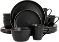16 Piece Stoneware Dinnerware Set with Gold Rim – Matte Black White &amp Slate Plates Bowls and Mugs – Microwave &amp Dishwasher Safe Tableware Set for 4 (Matte Black)