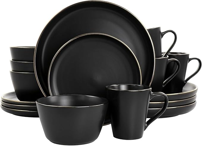 16 Piece Stoneware Dinnerware Set with Gold Rim – Matte Black White &amp Slate Plates Bowls and Mugs – Microwave &amp Dishwasher Safe Tableware Set for 4 (Matte Black)