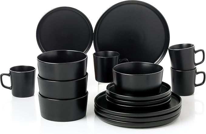 16 Piece Stoneware Dinnerware Set – Modern Matte Finish Plates and Bowls Microwave &amp Dishwasher Safe Service for 4 (Black)