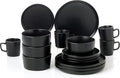 16 Piece Stoneware Dinnerware Set – Modern Matte Finish Plates and Bowls Microwave &amp Dishwasher Safe Service for 4 (Black)