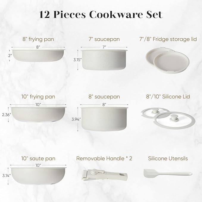 Hexago 12-Piece White Granite Non-Stick Cookware Set with Detachable Handles – All-in-One Healthy Non-Toxic Pots and Pans for All Stovetops Dishwasher-Safe