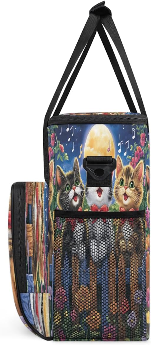 Cartoon Cat Singing On Flowery Fence Coffee Maker Carring Bag Travel Carrying Storage Tote Bag Compatible with Keurig K-Mini or K-Mini Plus Portable Single Serve Coffee Brewer Case with Pockets