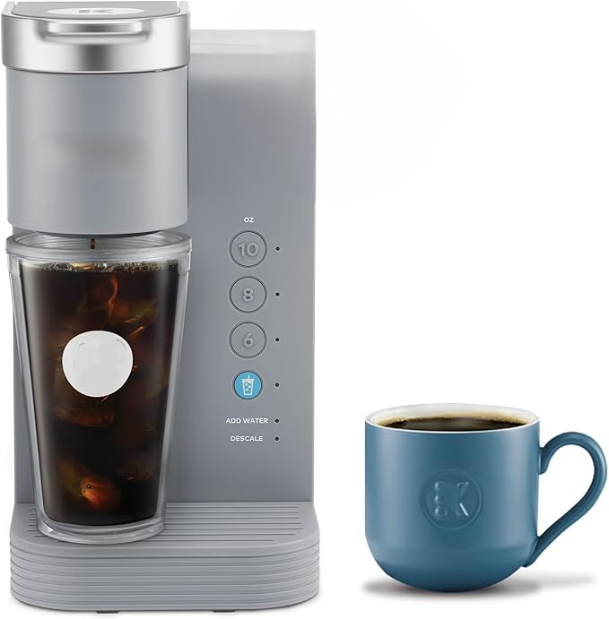 KeurigK -Express Essentials Plus Iced &amp Hot Single Serve Brewer Adjustable Temp Brew Over Ice Pods Compatible Coffee Maker (Gray)