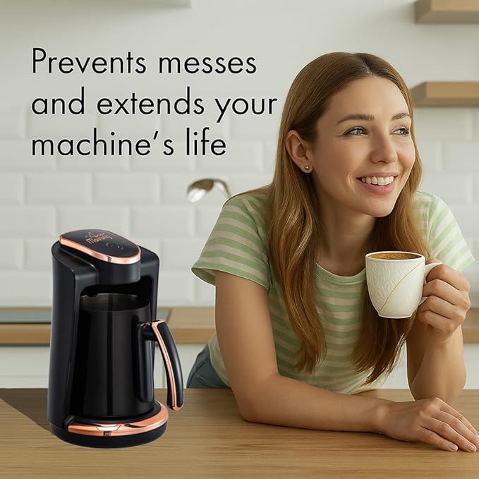 Any Morning Turkish &amp Greek Coffee Maker-Machine 1 to 4 Cups Capacity 100% BPA Free 400W Electric Coffee Pot with Cook Sense Technology Anti-Spill Design Authentic Foamy Brew Black