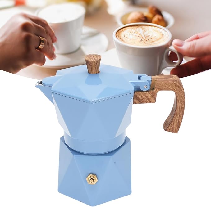 Yosoo Food Safe Anodized Aluminum Italian Coffee Maker with Dual Valve Design 2 Cup Stovetop Coffee Maker Pot for Cuban Cafe Brewing Home Camping (Blue)