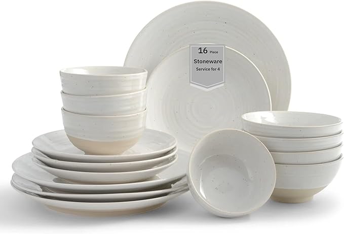 Sango Siterra 16-Piece Rustic White Stoneware Dinnerware Set – Service for 4 White with Glossy Speckle Overlay for Everyday Dining &amp Entertainment Microwave &amp Dishwasher Safe