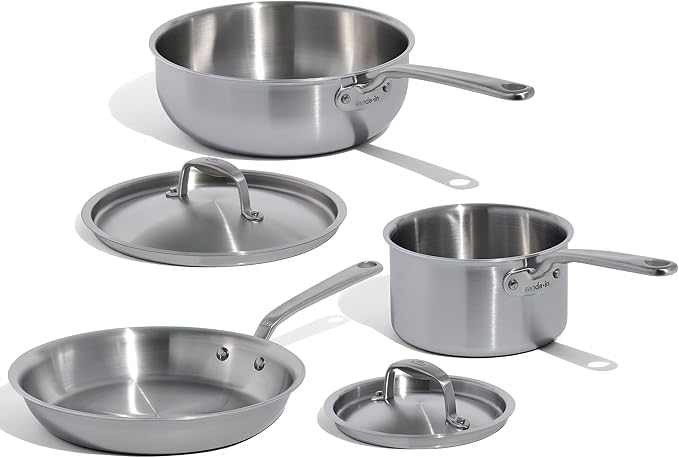 Made In Cookware | 5 Pc Stainless Steel Cookware Set | 5 Ply Clad | Includes Stainless Steel Frying Pan Saucepan and Saucier with Lid | Professional Cookware | Crafted in Italy