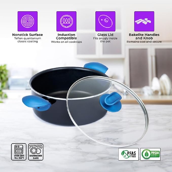 YBM Home Classic Nonstick 8-Piece Cookware Set Covered Stay-Cool Handles Kitchen Stock Pot Soup Pot Cooking Pot Oven Broiler Safe 350F Compatible Induction and All Cooktops Dishwasher Safe