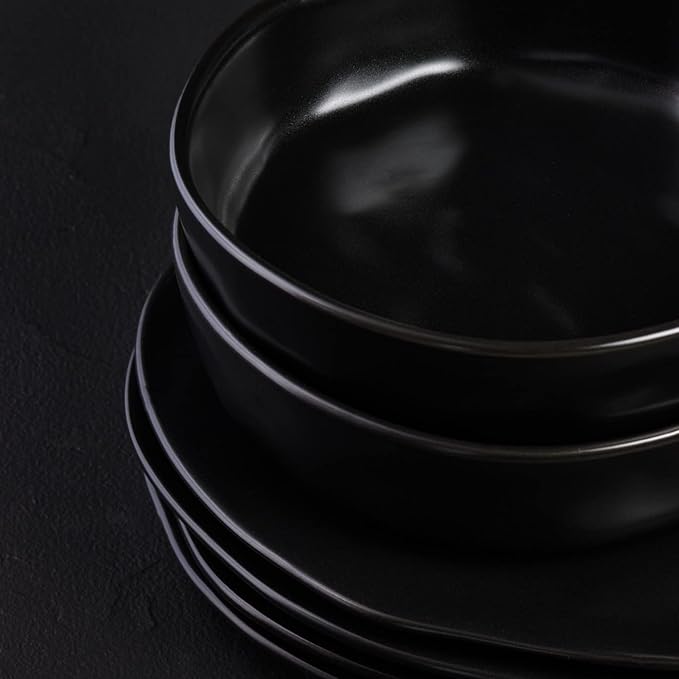 Stone by Mercer Project HEKONDA Modern Stoneware 16-Piece Dinnerware Set Plate and Bowl Set Dish Set for 4 Black