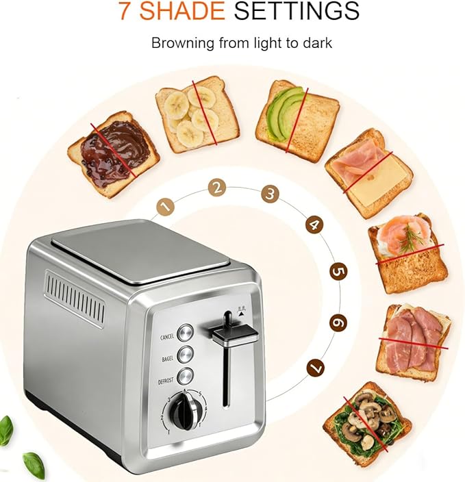 2 Slice Toaster with LidStainless Steel Toaster with Extra Wide Slots for Bagels Muffins High Lift Lever 7 Shade Settings900 Watts Toasters