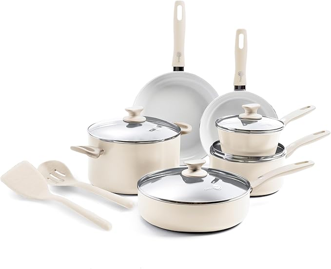 GreenPan Dover Healthy Ceramic Nonstick 12 Piece Cookware Pots and Pans Set PFAS-Free Dishwasher Safe Comfort Grip Handle Cream White