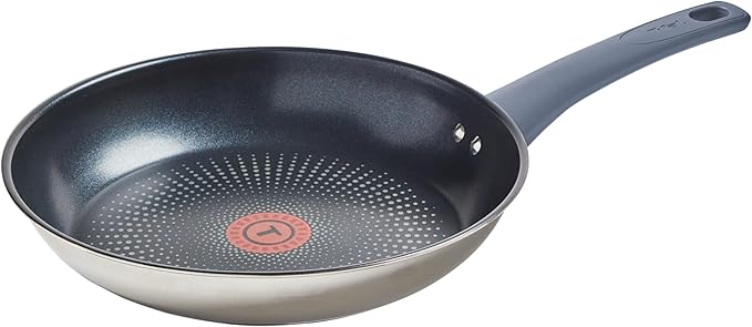 T-fal Essentials Stainless Steel Fry Pan w/Non Stick Coating 10.5 Inch Induction Compatible Oven Safe 350F Heat Indicator Nonstick Frying Pan Versatile Skillet Dishwasher Safe Silver/Blue