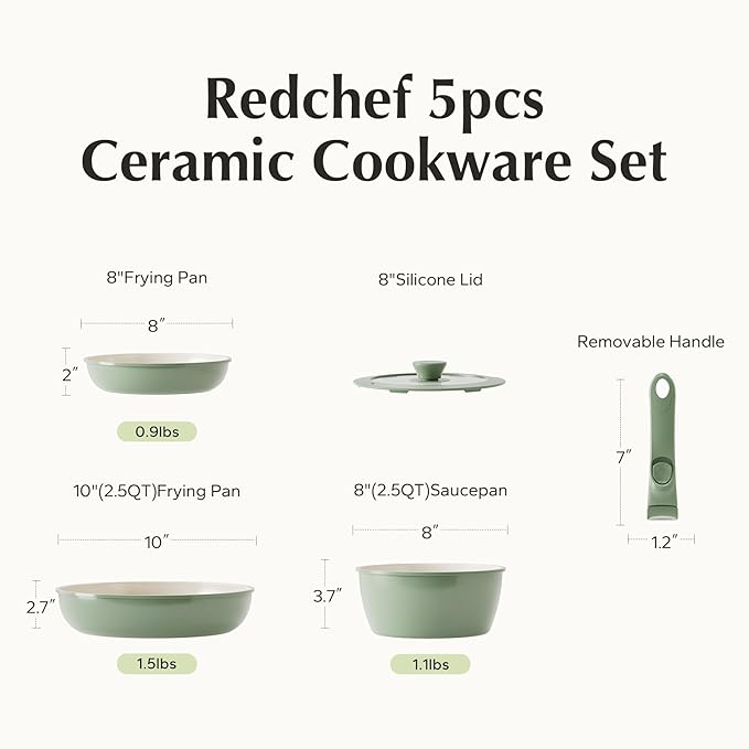Redchef Ceramic Cookware Set Removable Handle Pots and Pans Non-Stick Rv Cookware Set Non-Toxic Pots and Pans Set No PFAS PTFE PFOA Detachable Pots and Pans Dishwasher &amp Oven Safe (Green)